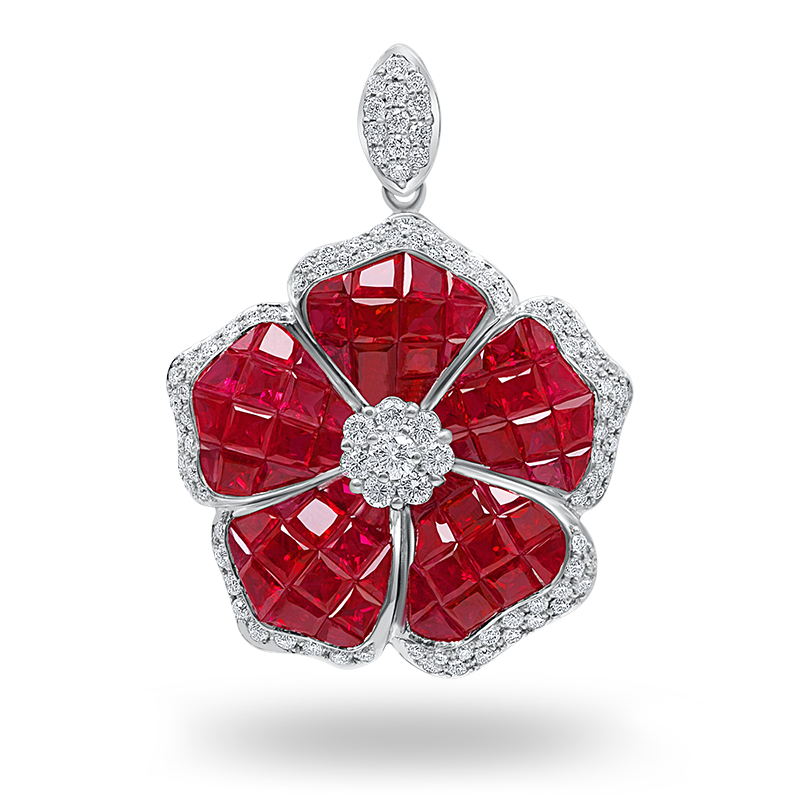 Invisible Set Ruby and Diamond Pendant