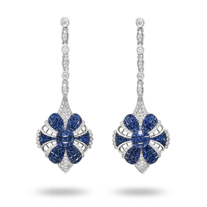 Invisible set Blue Sapphire and Diamond Earrings