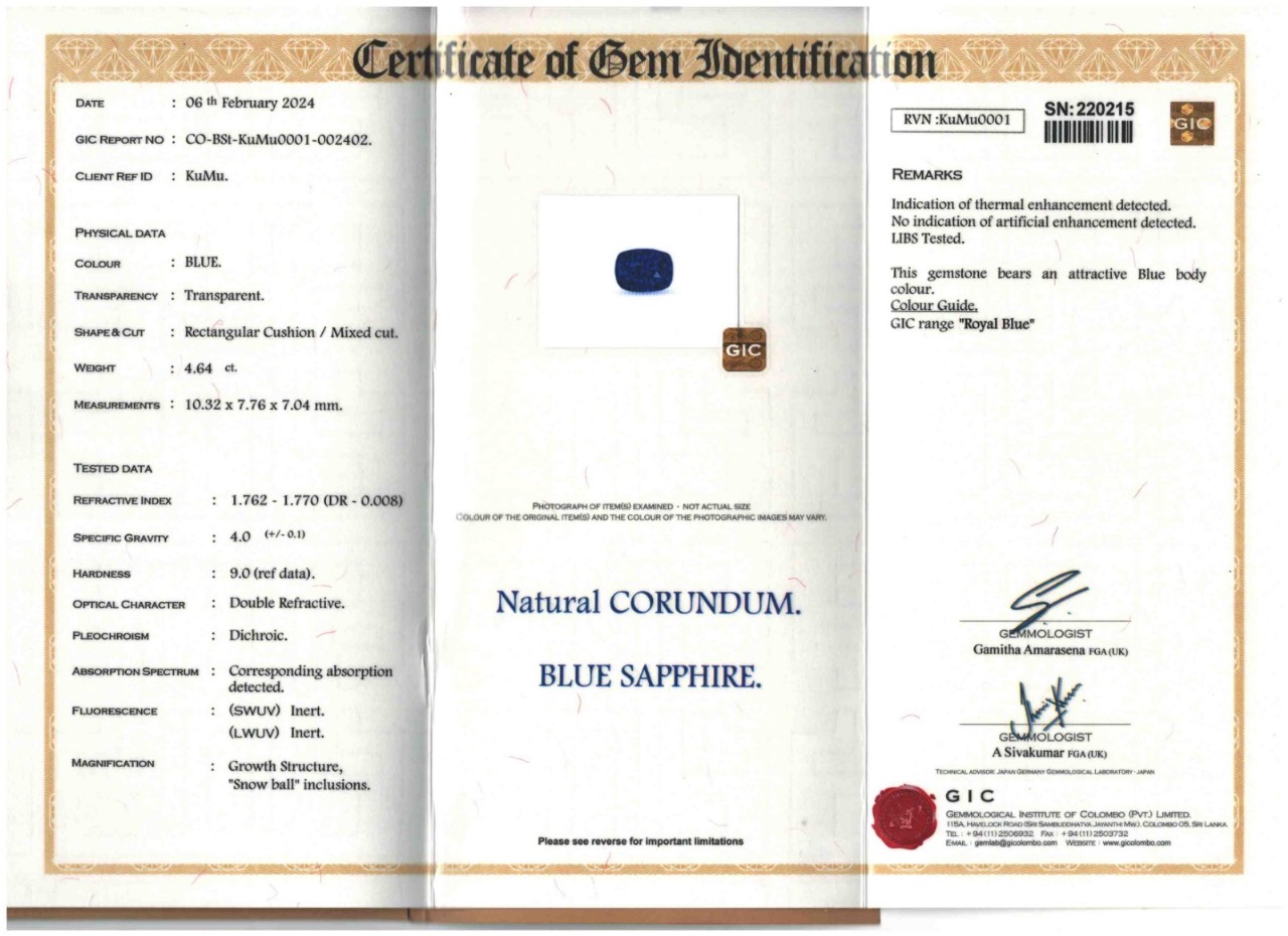 1 Blue Sapphire 4.64 Carats