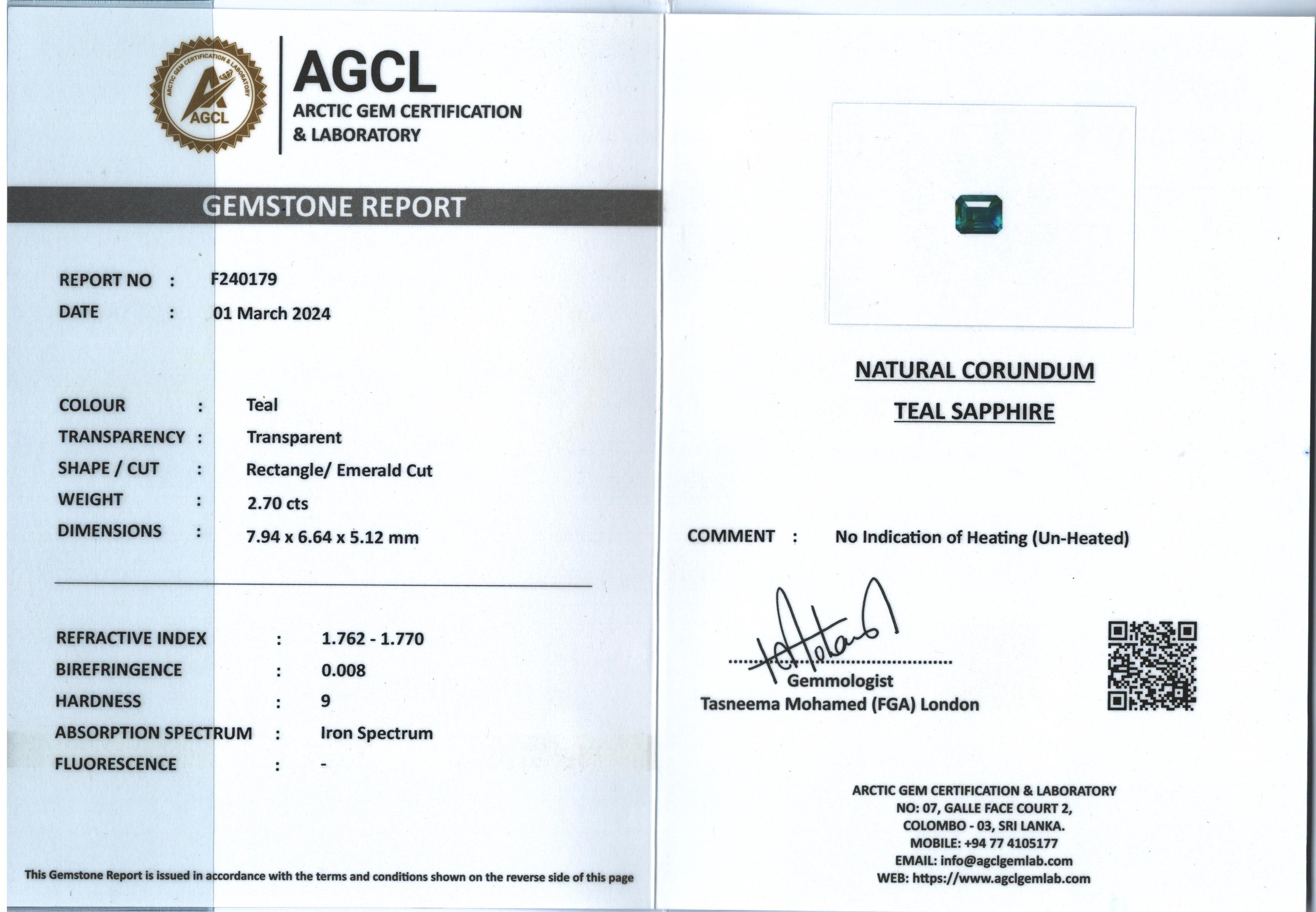 1 Unheated Teal Sapphire 2.70 Carats