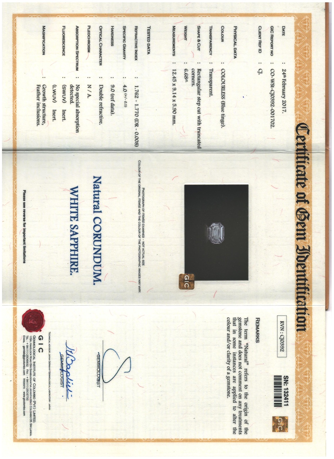 1 White Sapphire 6.68 Carats