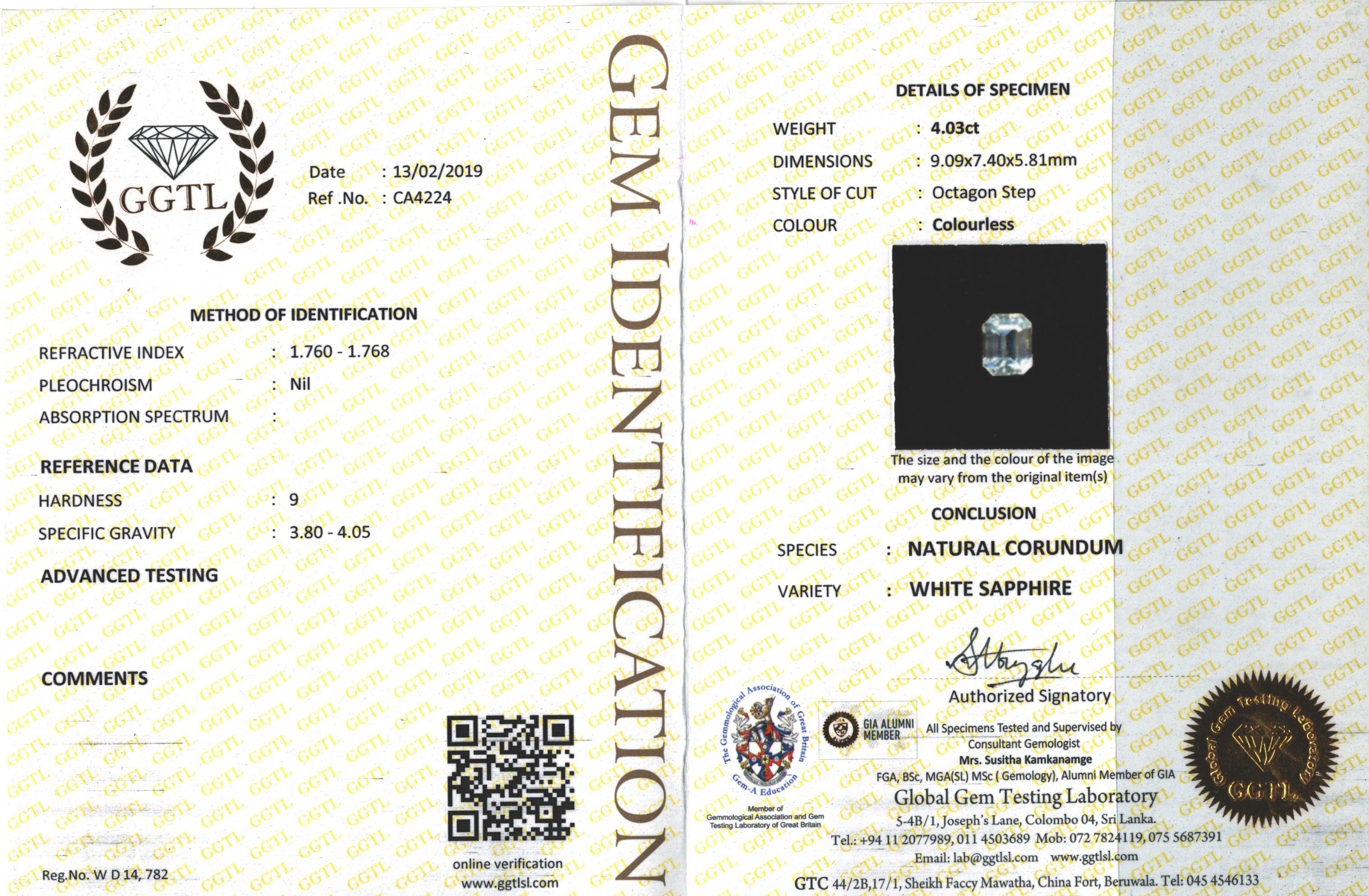 1 White Sapphire 4.03 Carats