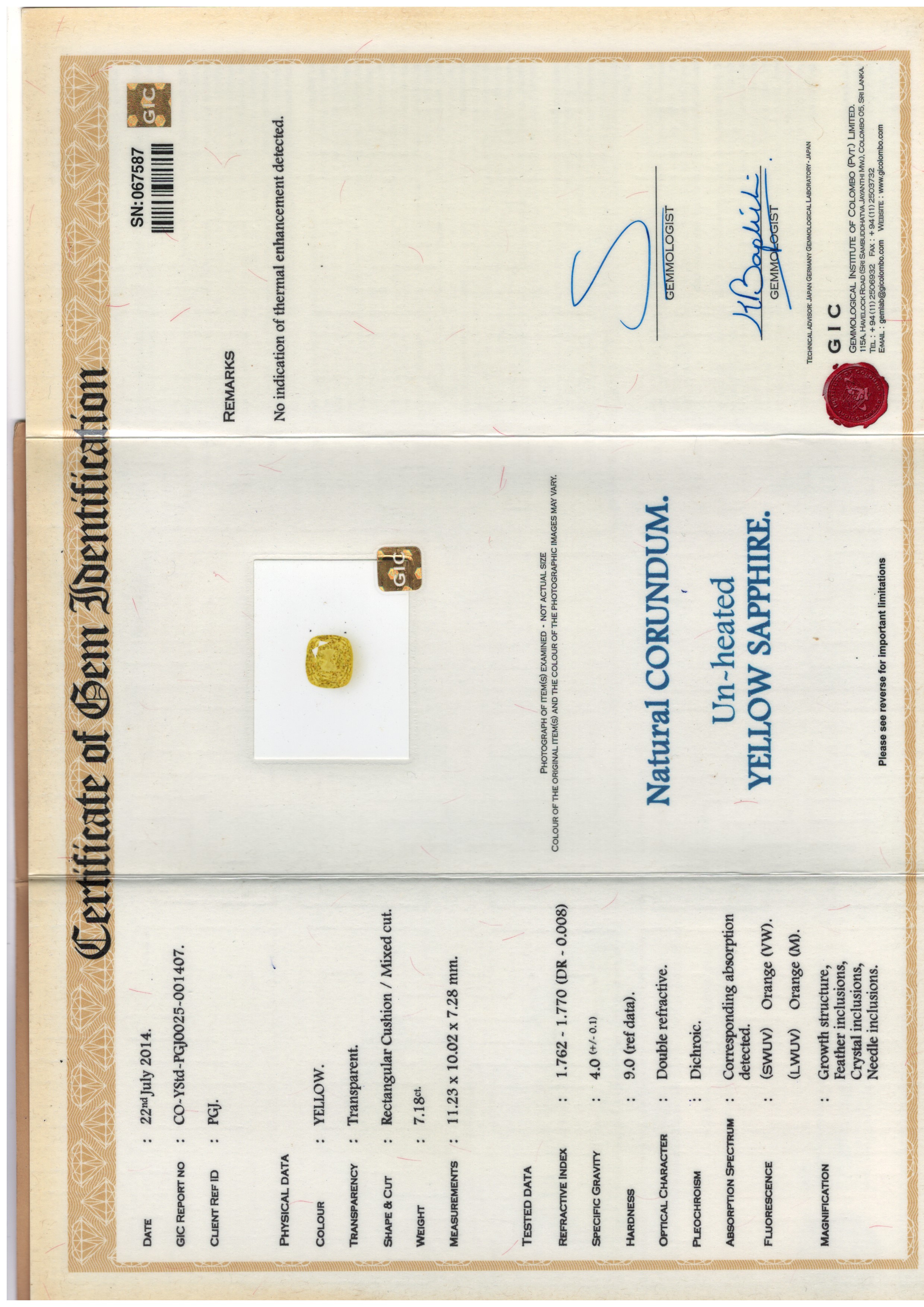 1 Unheated Yellow Sapphire 7.18 Carats