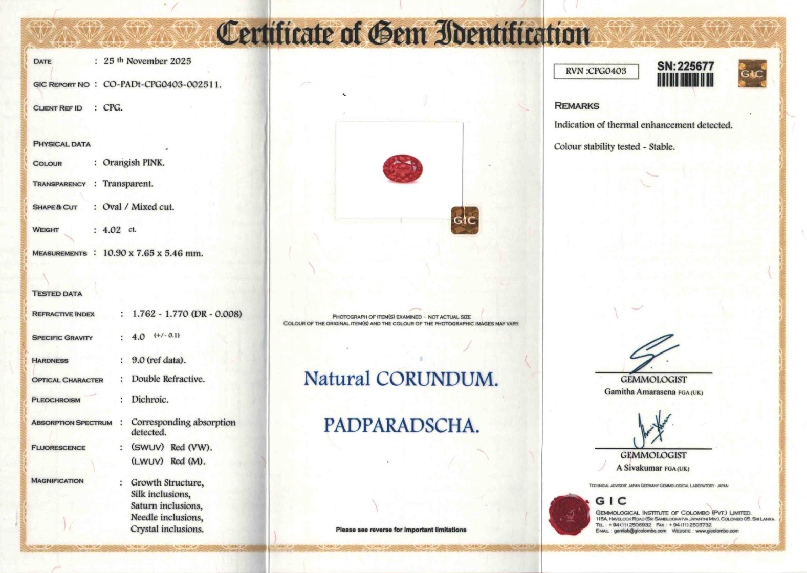 1 Padparadscha 4.01 Carats