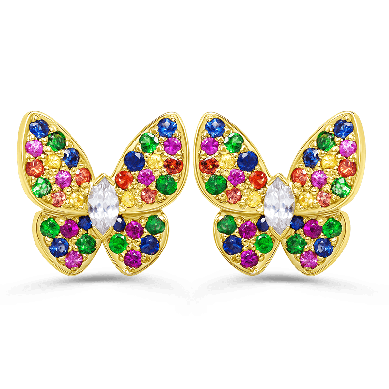 Yellow Gold Multi Coloured Gemstone Butterfly Earrings