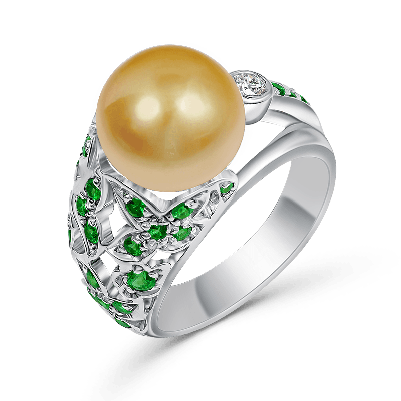 White Gold Golden South Sea Pearl & Tsavorite Ring
