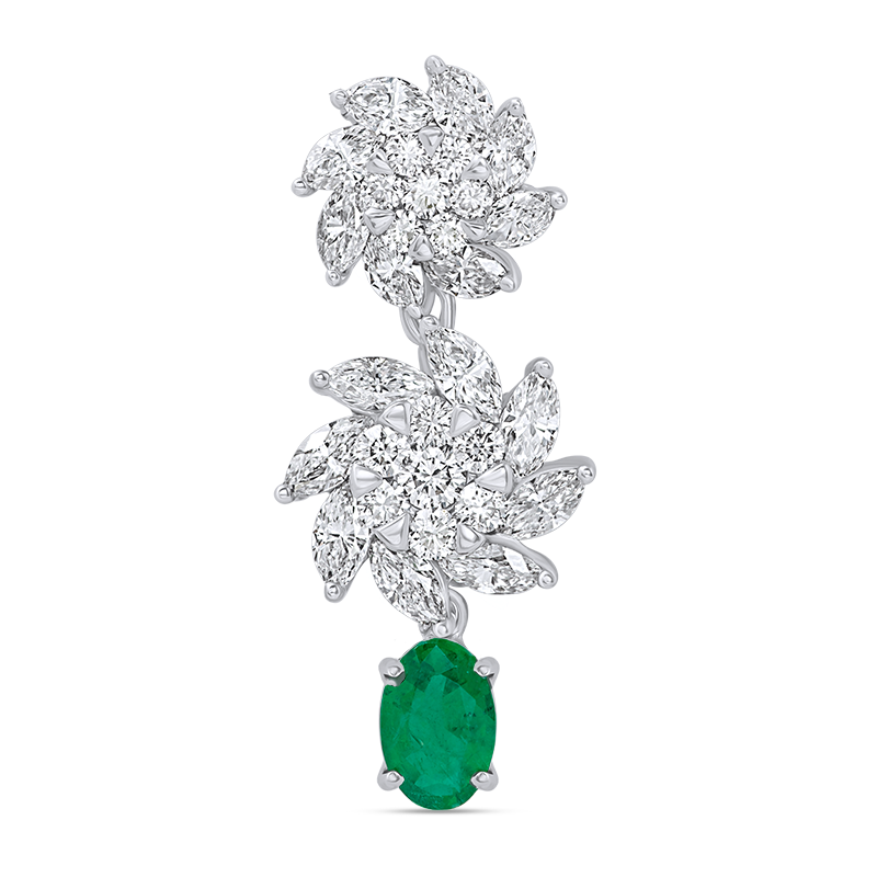 White Gold Emerald and Diamond Floral Drop Pendant