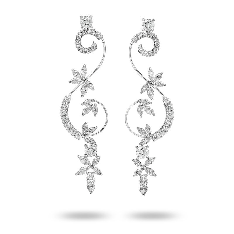 Floral Diamond Swirl Drop Earrings in White Gold