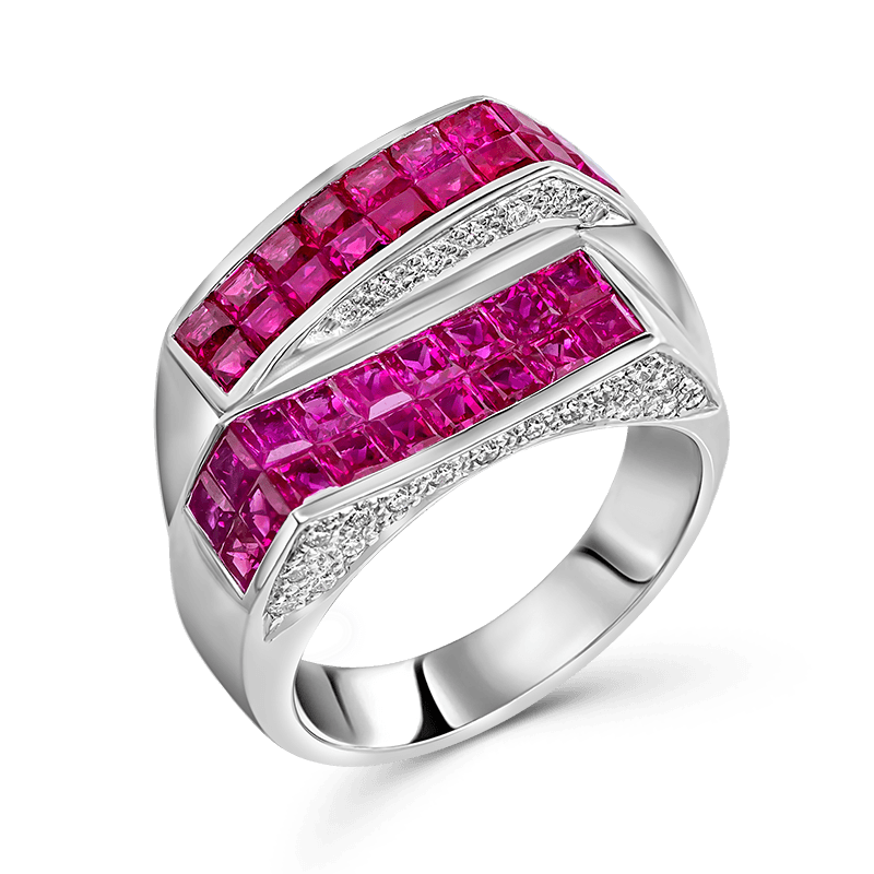 Invisible-Set Ruby and Diamond Band Ring