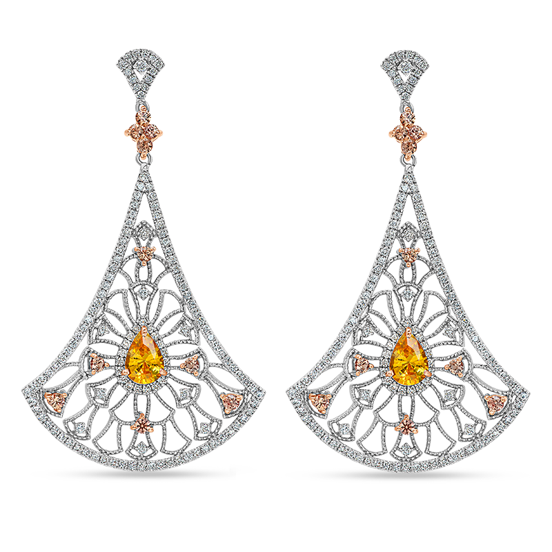 White & Pink Gold Yellow Sapphire and Padparadscha Earrings