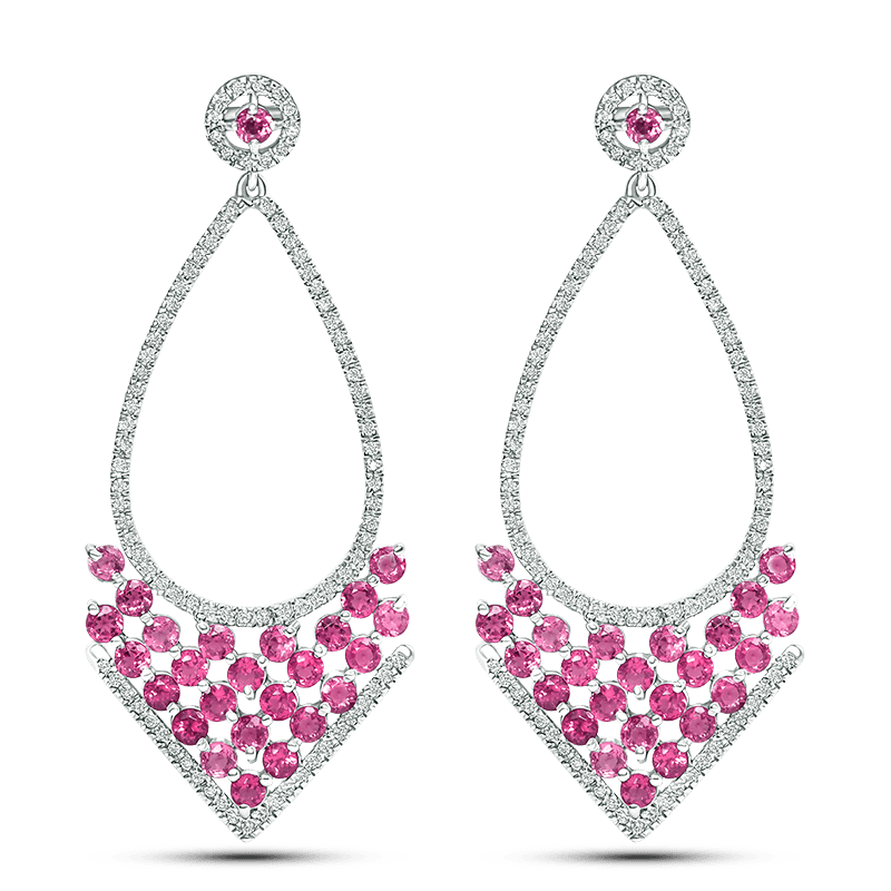 Pink Tourmaline & Diamond Drop Earrings in White Gold