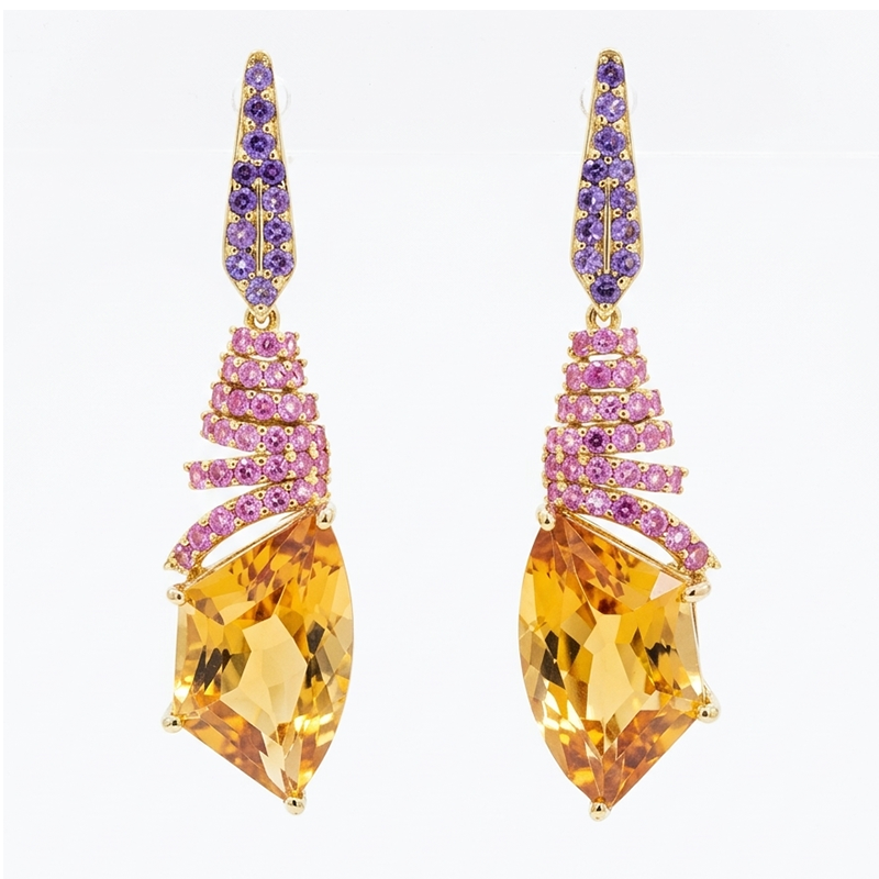 Yellow Gold Citrine, Pink Sapphire and Amethyst Drop Earrings